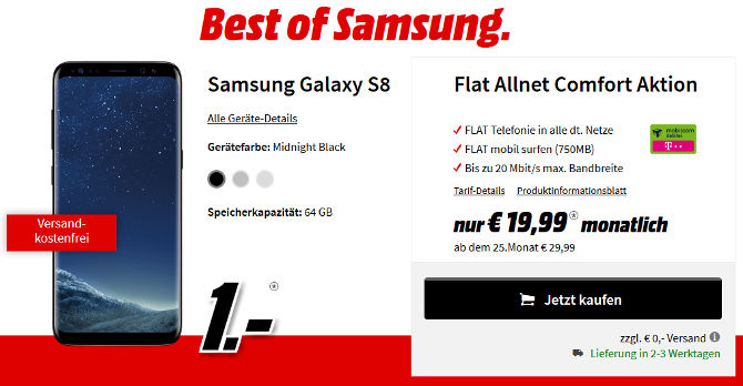 Saturn Deal Galaxy S8 Mit 3gb Lte Allnet Flat Vertrag Für Mtl 1499