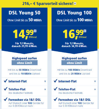 1&1 DSL Young für junge Leute mit Rabatt